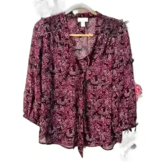 Ann Taylor Loft Sheer Work‎ Blouse w/ Tie Closure Black/Purple/Grey Women's Sm - Picture 1 of 6
